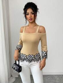 SHEIN Elenzya 优雅浪漫度假风黑白3D立体花卉饰边露肩T恤（女款） - 卡其色 - 查看 3