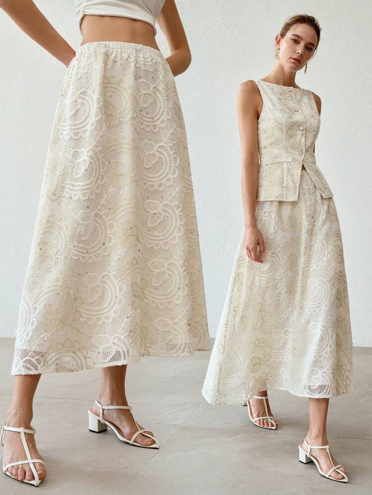 WOMEN'S FLORAL EMBROIDERED ELASTIC WAIST SKIRT