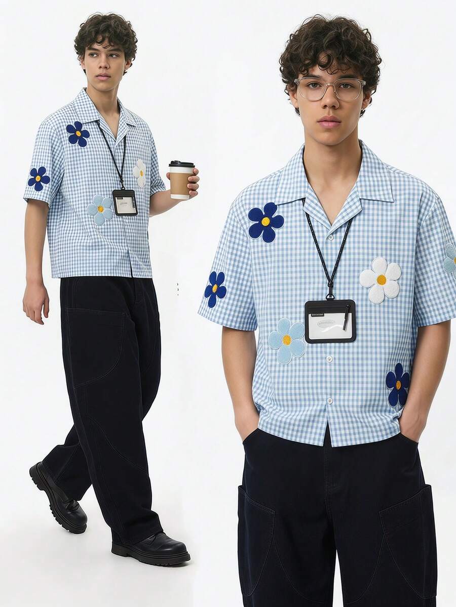 NORVETH 男士短袖衬衫,带贴花,春夏款 - 藍色 - 查看 1