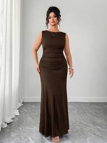 Elenzga Women's Elegant Sleeveless Round Neck A-Line Dress, Waist Ruched Design, Solid Knit Fabric - Coffee Brown - View 3