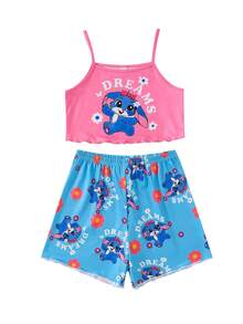 Elladie kids 【随机2套，共5套】女童甜美可爱优雅休闲舒适柔软亲肤春夏针织面料多色卡通兔子、爱心、花卉印花、涂鸦无袖吊带背心和短裤睡衣四件套 - 彩色 - 查看 8