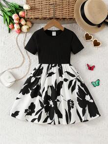 Emery Rose Kids Emery Rose Kids 女童针织纯色圆领拼接休闲连衣裙 - 黑與白 - 查看 3