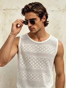 Manfinity Dauomo Men's Summer Casual Basic Basic Vacation Solid Color Hollow-Out Knit Sweater Vest Vacation White Vacation - Beige - View 1