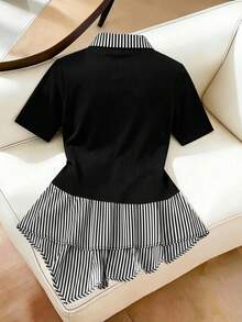 GlowEve CURVE Plus Size Women Striped Patchwork Short Sleeve Casual Top, Summer - Multicolor - View 2