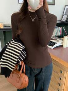 DAZY Women's Turtleneck Long Sleeve Fitted Basic T-Shirt, Casual & Fashionable For Everyday Wear,Fall Clothes - Coffee Brown - View 4