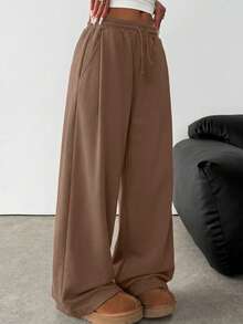 SHEIN Teen Girl Knitted Loose Casual Drawstring Pocket Wide Leg Sweatpants In Light Brown - Brown - View 2