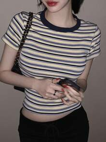 DAZY Colorblock Striped Short Sleeve Round Neck Casual Summer T-Shirt For Women Graphic Tee - Blue - View 4