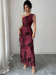 Rafferiza 女士优雅不对称肩部褶皱扎染网纱抽绳开衩连衣裙 - 酒紅色 - 查看 5