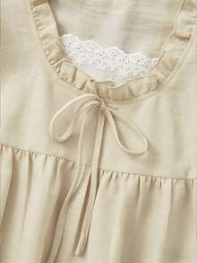 GlowEve Casual Cute Lace Patchwork Hem & Flutter Sleeve Solid Color Blouse For Women, Blue - Khaki - View 4