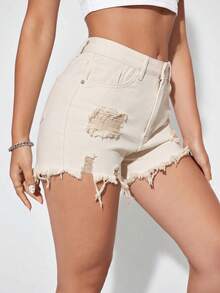 SHEIN Essnce Quần short denim rách gối có túi dành cho nữ. - Màu Khaki - Xem 5