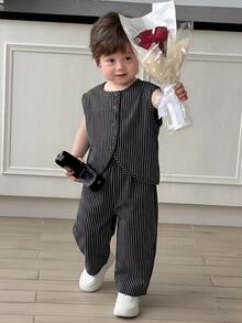 DAZY Conjunto de camisa de botones con rayas y pantalones de uso diario casual para bebé niño en verano - Negro - Ver 6