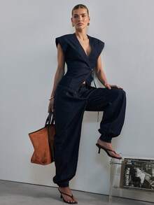 Hauture Pantalón de mezclilla con pierna globo y puño con botones para mujer, uso moderno y sexy para la oficina - Azul lavado oscuro - Ver 3