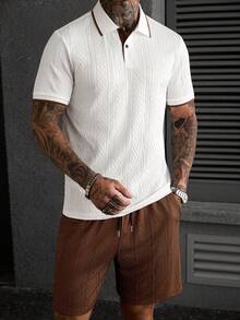 Manfinity CasualCool Bộ đồ nam mùa hè thường ngày, thích hợp cho kỳ nghỉ và đi làm, gồm áo polo tay ngắn và quần short cạp chun, chất liệu vải dệt họa tiết, kèm dây rút. - Nhiều màu - Xem 3