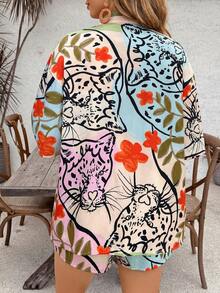 SHEIN VCAY Plus Size Women's Summer Beach Vacation Floral Print Loose Fit Kimono Top And Shorts 2-Piece Set - Multicolor - View 2