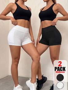 SHEIN EZwear 2pcs/Set Opaque White Black And White Summer Athleisure Gym Short Tight Leggings, Lifting Shorts,Sports Shorts Tights,Daily Commute,Y2K Fashion - White - View 11