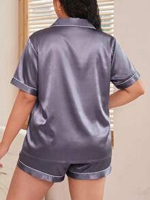 LuxeNights Plus Size Contrast Color Trim Short Sleeve Loose Comfortable Pajama Set - Purple - View 2