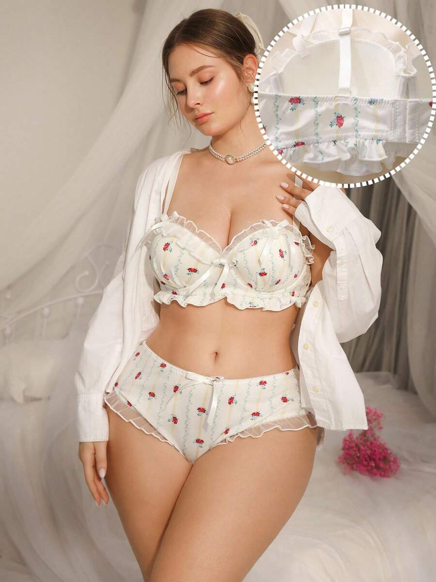 DelicateAllure 2pcs Plus Size Bra Set With Molded Cup, Underwire, Mesh Inset, Ruffle Trim, Bow Decor, Floral Print, Lift & Support - White - View 1