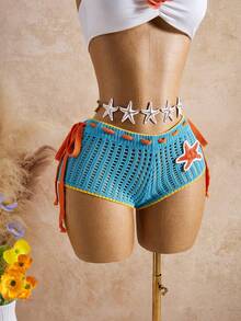 Bellisia Women's Colorblock Starfish Pattern Casual Tropical Vacation Swimsuit Cover-Up Shorts Set Beach White Turquoise Summer - Beige - View 9