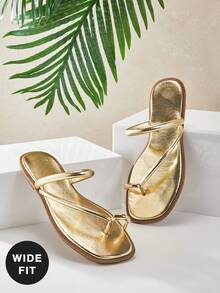 SHUZIA Women's Gold Faux Leather Toe Ring-Loop Wide-Fit Flat Sandals,Non-Slip Stylish Comfort Open Toe Spring Summer Chic Holiday Beach Wear Shoes Plus Size - Gold - View 7