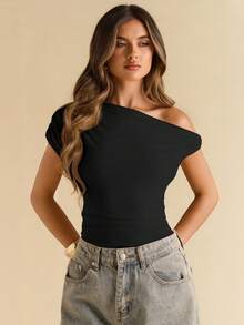 SHEIN BAE Women's Solid Color Ruched Asymmetric Bodysuit, Fashionable & Versatile - Black - View 5
