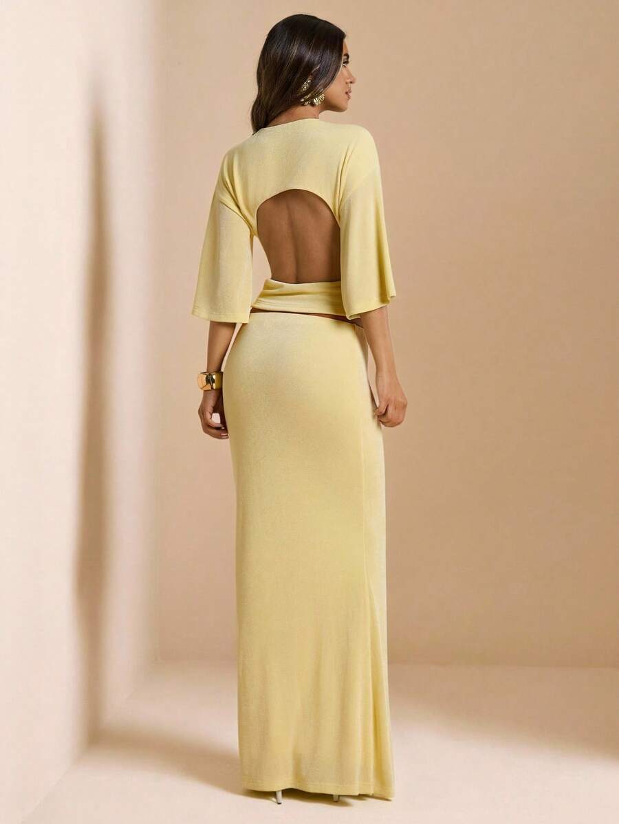 SHEIN BAE 女士纯色褶皱上衣和半裙休闲两件套 - 黃色 - 查看 1