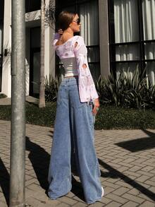 Vivi Wanderley 女式宽松休闲百褶直筒牛仔裤，返校服 - 淺色水洗藍 - 查看 2