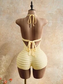 Femesol 女士深V领露背系带连体裤，修身度假装 - 黃色 - 查看 8