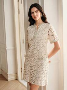 Anewsta Summer French Romantic Elegant High-End Lady-Like Handmade Pearl Embellished Dress Tea Party White Sequin - Apricot - View 5