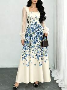 Modelyn 蓝色碎花浅杏色连衣裙，女士时尚方领灯笼袖设计连衣裙，夏季收腰长款优雅连衣裙，适合夏季度假和日常穿着 - 彩色 - 查看 3