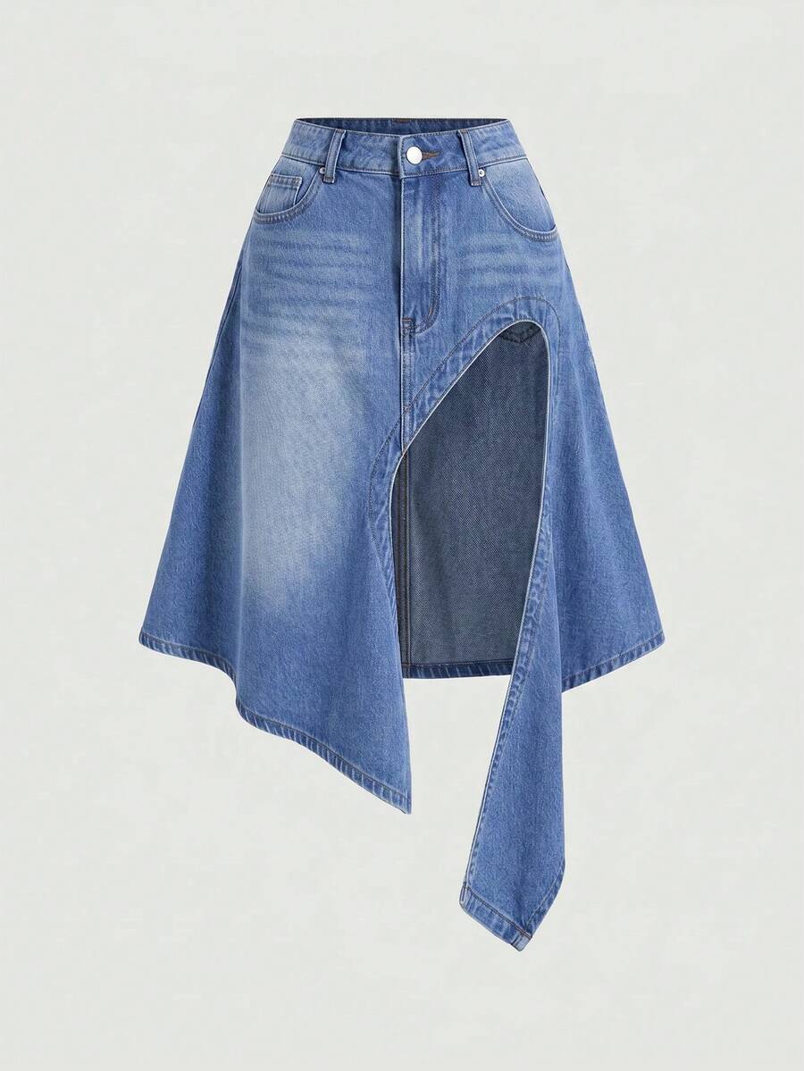 SHEIN MOD Women's Summer Fashion Asymmetric Hem Slit Denim Mini Skirt - Blue - View 1