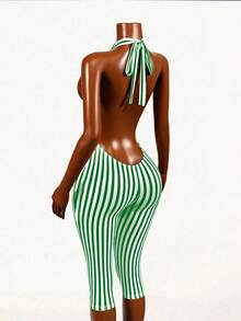Mistrie Striped Contrast Print Cold Shoulder Backless Halter Design Capri Pants, Casual Sporty Sexy Daily Holiday Spring/Summer Knit Jumpsuit For Women - Green - View 3
