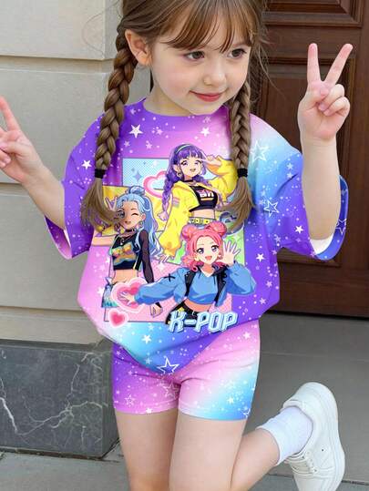 2pcs/Set Cartoon Girl Dopamine Colorful Ombre, Starry Sky Gradient, K-Pop Superstars, Chill Chill, Young Girl Casual Minimalist Short Sleeve T-Shirt And Shorts Set, Suitable For Summer