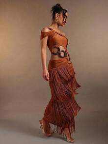 Hauture Women's Sexy One-Shoulder Asymmetrical Neck Fringe Tassel Layered Maxi Dress Bamboo Ring Decor - Rust Brown - View 3