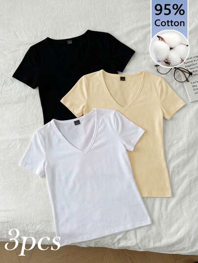 Tseoso Bộ 3 áo thun nữ tay ngắn cổ chữ V sâu, chất liệu 95% cotton, kiểu dáng thường ngày, thích hợp cho mùa xuân và mùa hè.