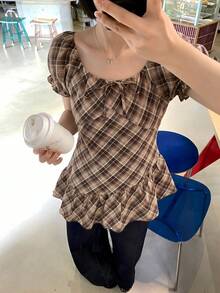 DAZY 女士格子圆领休闲短袖衬衫 夏季 - 咖啡棕 - 查看 4