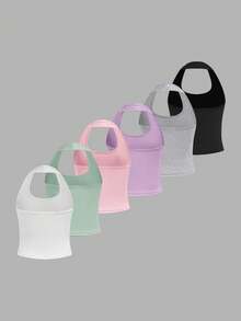 SHEIN Girlism 6 chiếc áo tank top thể thao ôm sát cho bé gái tuổi teen, nhiều màu sắc, kiểu dáng racerback cơ bản. - Nhiều màu - Xem 2