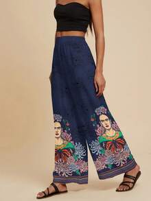 Travachic Frida Kahlo X SHEIN Phong cách nghỉ dưỡng thường ngày: Kết hợp họa tiết vẽ tay hình vẹt, hoa và hình học, quần palazzo ống rộng dành cho nữ, thích hợp cho kỳ nghỉ hè. - Nhiều màu - Xem 4
