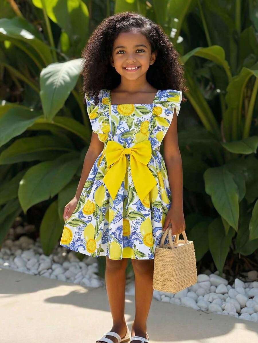 SHEIN Young Girl Lemon Print Bow Ruffle Trim Short Sleeve Casual Dress, Fashionable Daily Wear Dress, Spring/Summer Holiday Style - Yellow - View 1
