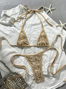 Swim SXY 两件式纹理挂脖比基尼套装，侧边系带泳裤，性感泳装，适合春夏海滩度假 - 金色 - 查看 1