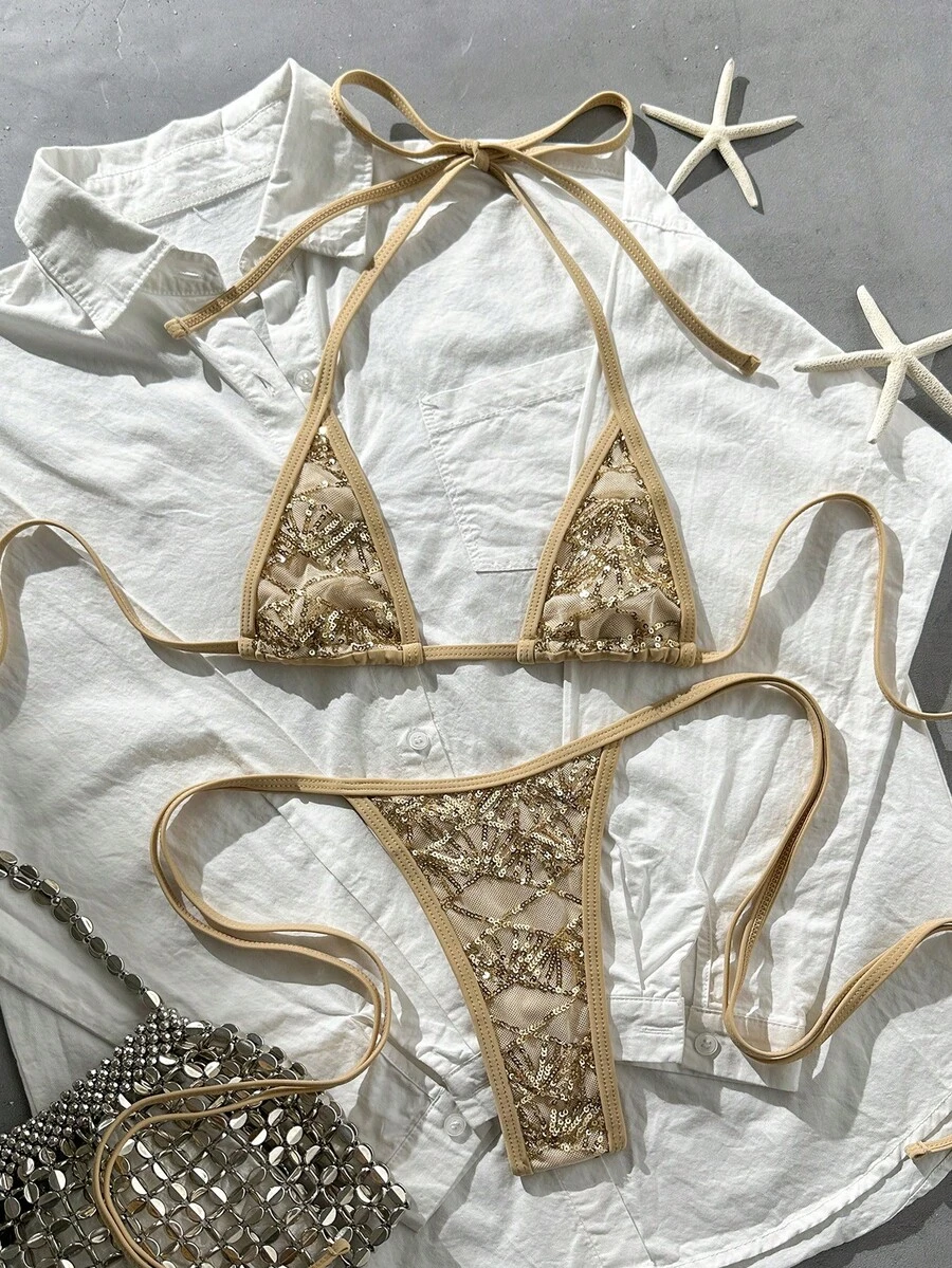 Swim SXY 两件式纹理挂脖比基尼套装,侧边系带泳裤,性感泳装,适合春夏海滩度假 - 金色 - 查看 1