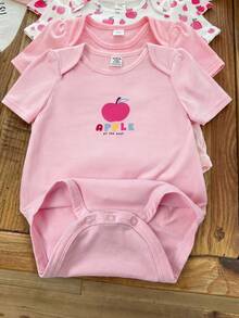 SHEIN 4pcs Baby Girl Knitted Solid Color Strawberry & Apple Pattern Casual Romper Set - Multicolor - View 5