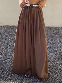 Livesso Pantalones anchos de pierna ancha con cordón en la cintura, de color contrastante y versátiles para mujer - Café integral - Ver 1