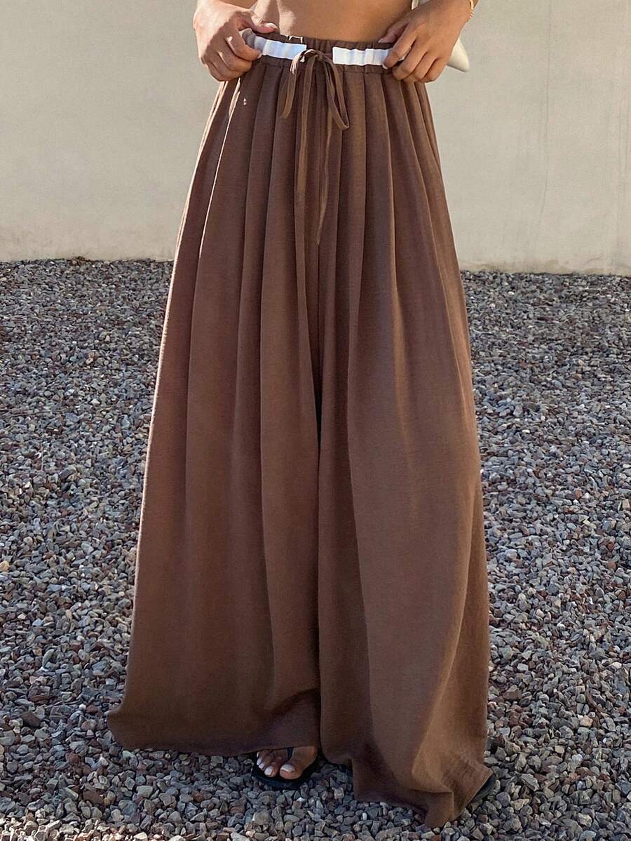 Livesso Pantalones anchos de pierna ancha con cordón en la cintura, de color contrastante y versátiles para mujer - Café integral - Ver 1