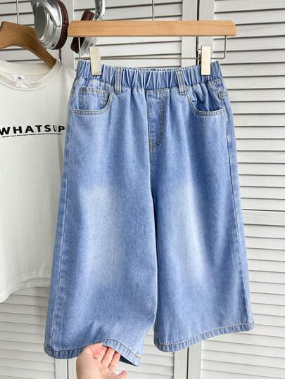 Quần jeans ống rộng màu xanh denim dài 8 inch, phong cách thường ngày, cổ điển, cá tính, thoải mái và tươi mới cho bé trai, thích hợp mặc hàng ngày, mùa xuân hè, đi dự lễ hội và phong cách đường phố.