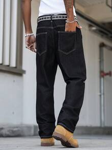 Manfinity EMRG Jeans rectos con estampado de eslogan para hombres - Negro - Ver 2