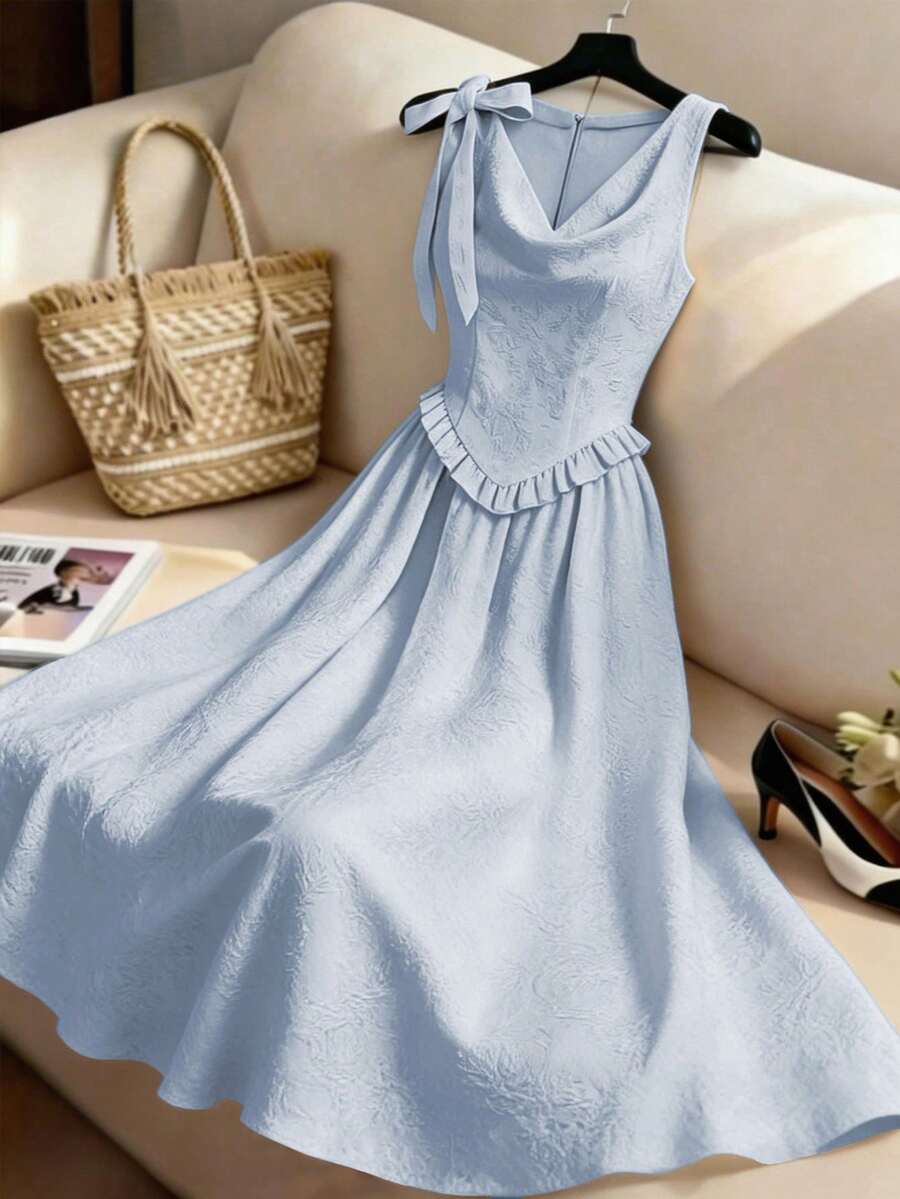 GlowEve 女士纯色可拆卸蝴蝶结领无袖优雅连衣裙,适合毕业季穿着 - 天藍色 - 查看 1
