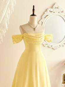 Vintamour Robe jaune élégante vintage pour femmes, patchwork en dentelle épaules dénudées avec poches, tenue décontractée pour vacances d'été, rendez-vous, invitée de mariage, fête, remise des diplômes, bal de promo - Jaune d'oie - Voir 4