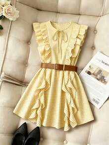 MSPariaura Vestido con diseño de volantes de ancho completo en marrón vintage / Minifalda estilizante con cintura ceñida / Conjunto elegante y dulce Z - Amarillo - Ver 3