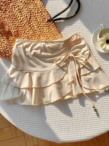 Comfortcana Women's Solid Color Drawstring Design Ruffle Hem Fashionable Skirt Beach White Autumn Cute - Apricot - View 3