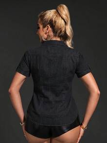 SHEIN SXY 女款單排扣休閒百搭牛仔上衣，適合日常穿著 - 黑色 - 查看 3